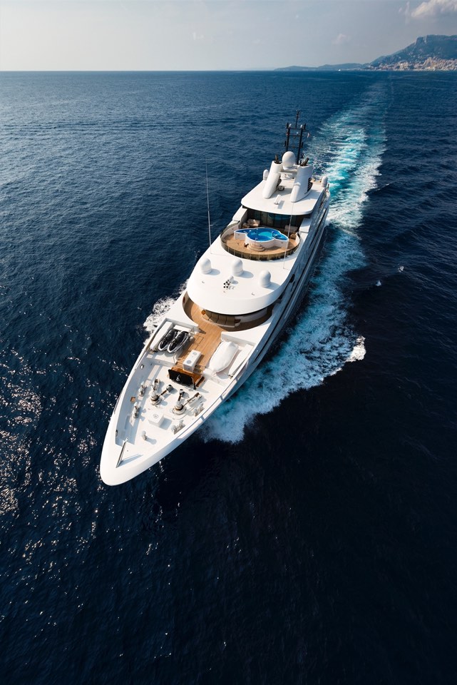 Superyacht underway seen from above