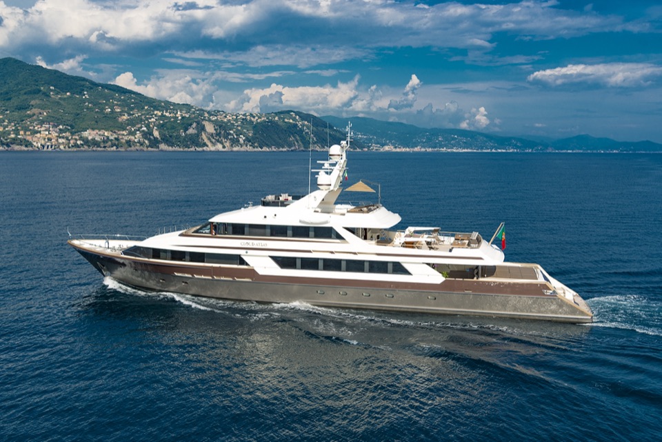 Aerial view of M/Y Cloud Atlas underway along the coast