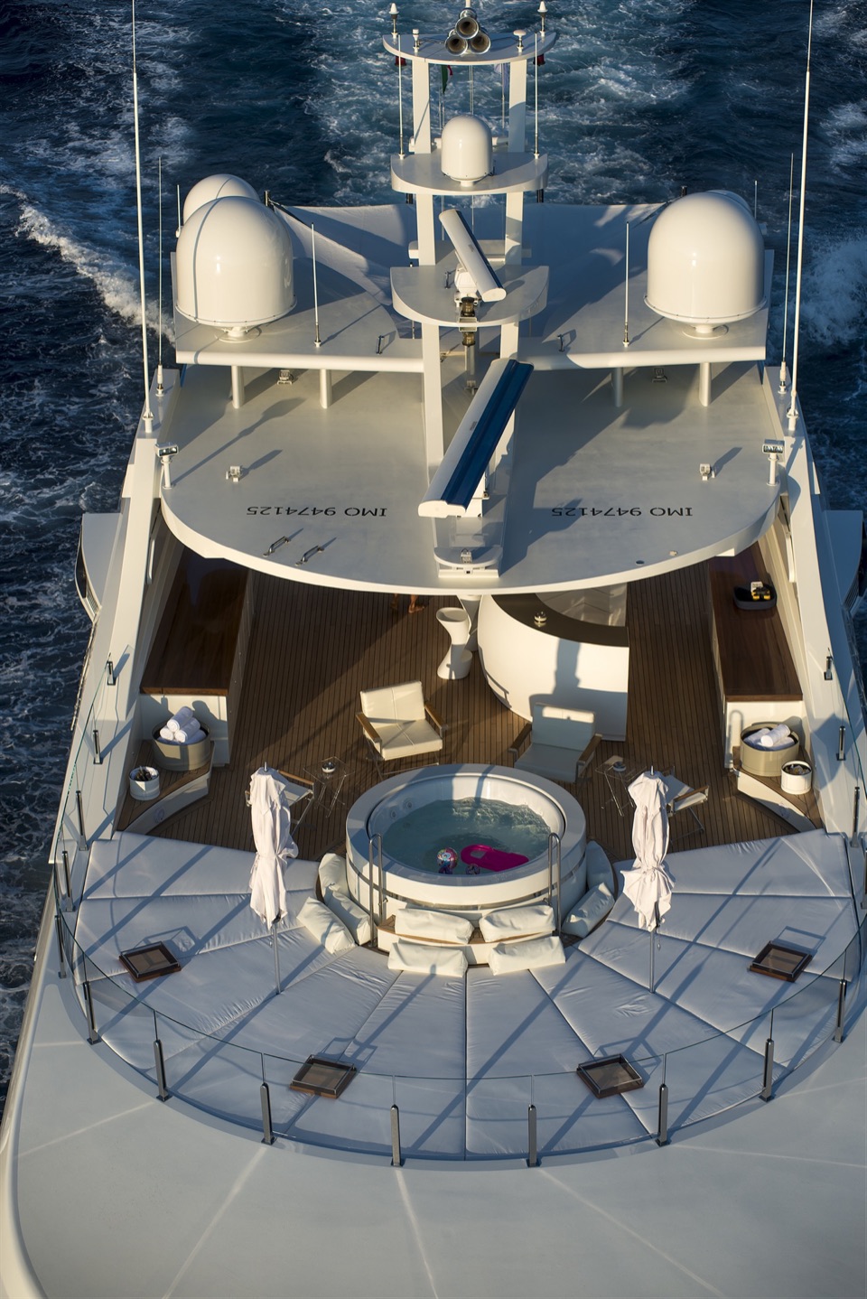 Top-down aerial of the upper decks and spa pool of M/Y My Dream